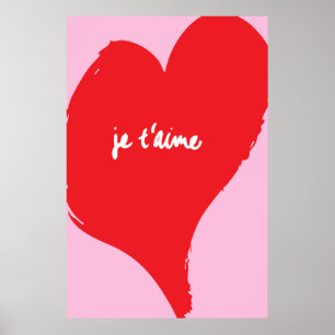 Póster Corazón rojo con je t’aime-text sobre fondo rosado