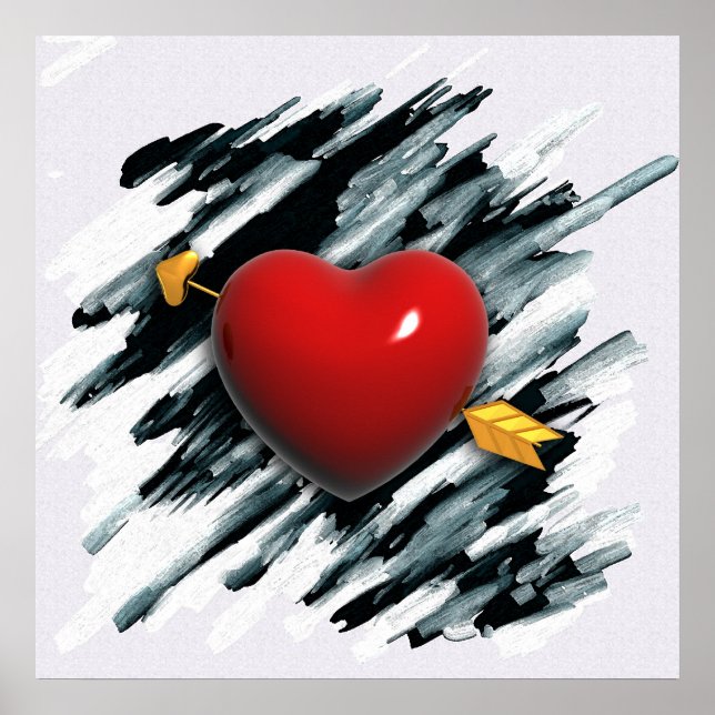 Póster Corazón rojo con pintura de fondo acuarela (Frente)