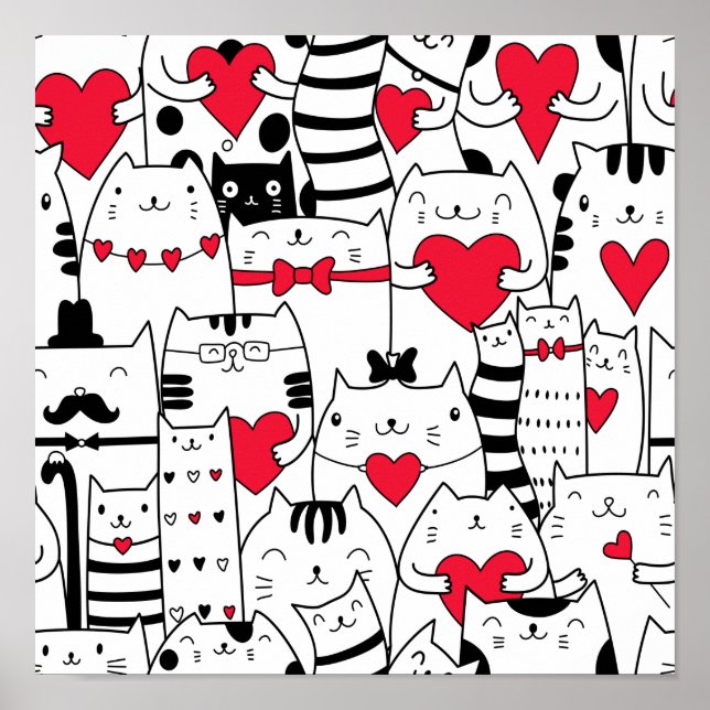 Póster Corazón rojo de gato blanco negro (Frente)