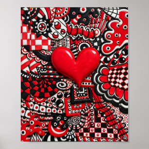 Póster Corazón Rojo Doodle Corazón Rojo Negro y Blanco