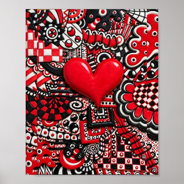 Póster Corazón Rojo Doodle | Corazón Rojo Negro y Blanco  (Frente)