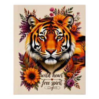 Póster Corazón Salvaje Espíritu Libre Boho Floral TigerAr