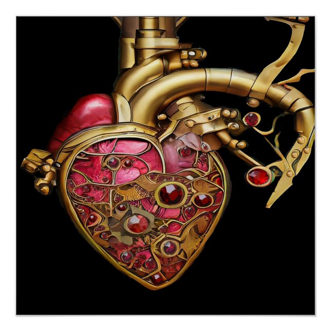 Póster Corazón Steampunk Anatómico Rubíes y Engranajes (Anverso)