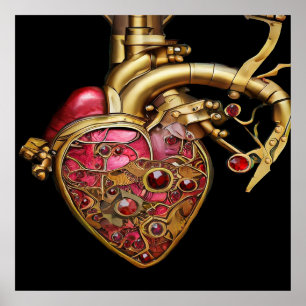 Póster Corazón Steampunk Anatómico Rubíes y Engranajes