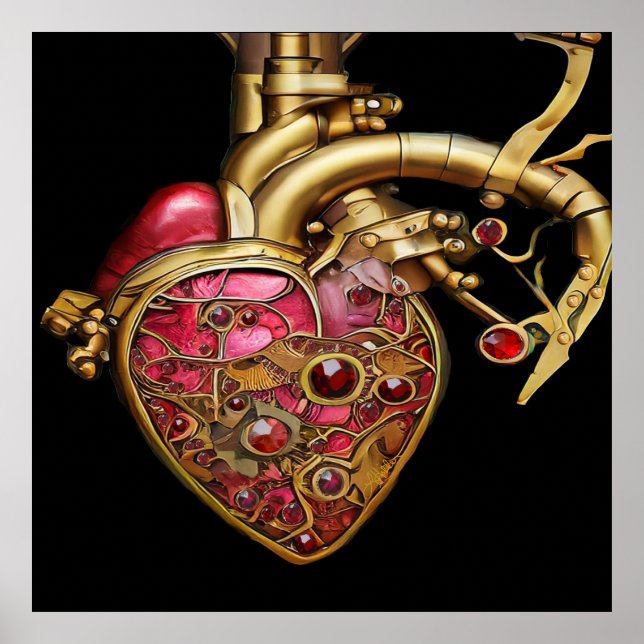 Póster Corazón Steampunk Anatómico Rubíes y Engranajes (Frente)