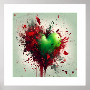 Póster Corazón verde vibrante con Petales rojos dispersos