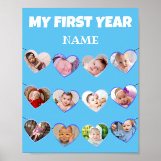 Póster Corazones Azules Cute Mi Primer Año 12 Collage de 
