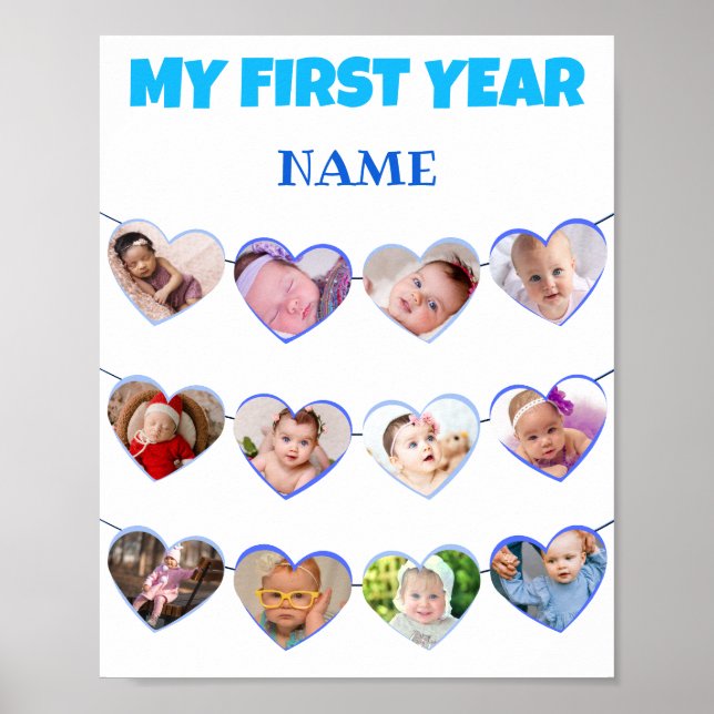 Póster Corazones Azules Cute Mi Primer Collage de fotos D (Frente)