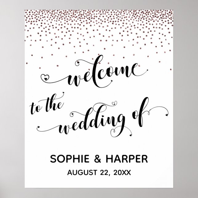 Póster Corazones bienvenidos al Rótulo Rosa Boda Confetti (Frente)