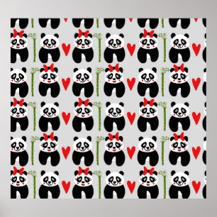Póster Corazones Cute Pandas: Patrón de niños