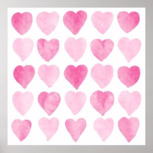 Póster Corazones de acuarela rosada