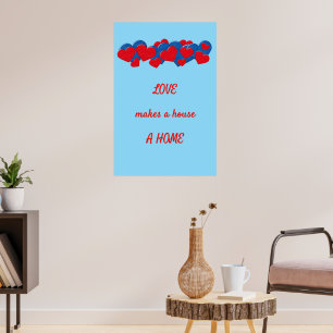 Póster Corazones de amor rojo y azul en fondo azul claro