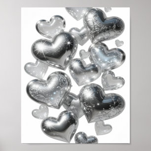Póster Corazones de cristal diseño de texto plateado que