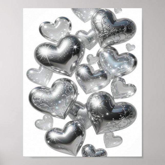 Póster Corazones de cristal diseño de texto plateado que  (Frente)