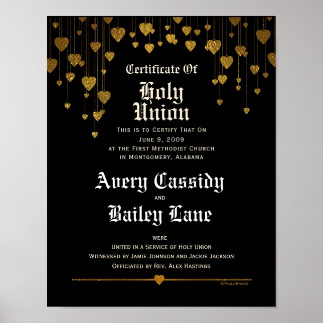 Póster Corazones de oro, texto blanco, certificado de Bod (Frente)