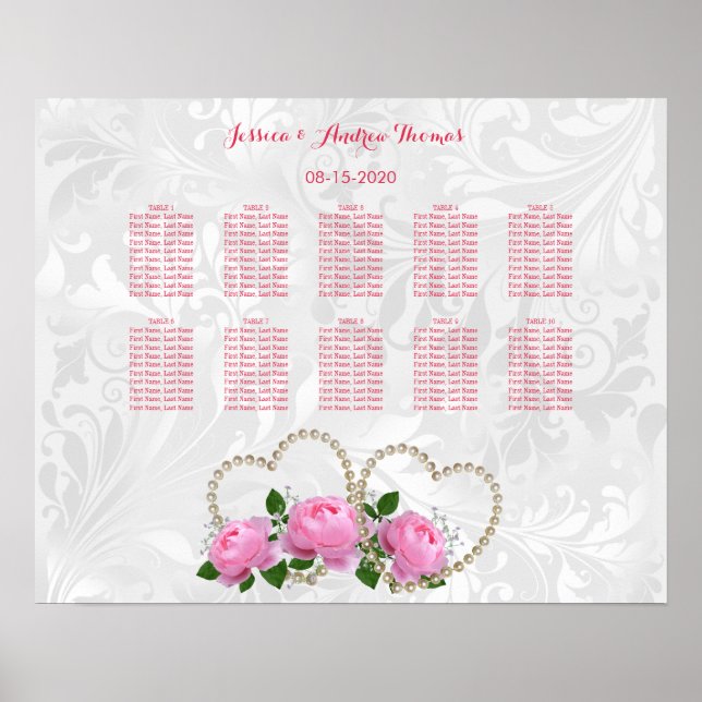 Póster Corazones de perla y rosas de Damasco Boda (Frente)