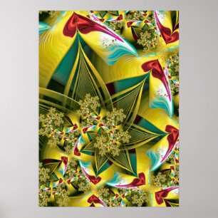Póster Corazones fractales dorados y abstracto de explosi