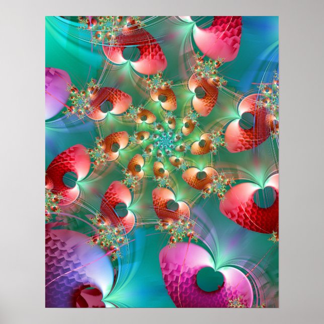 Póster Corazones Fractales en Espiral (Frente)