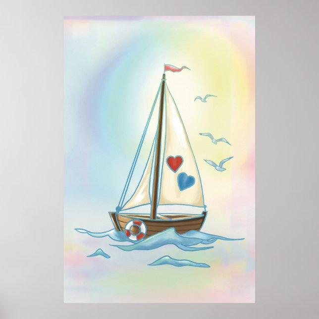 Póster Corazones Navegando – Barco Minimalista con Velas  (Frente)