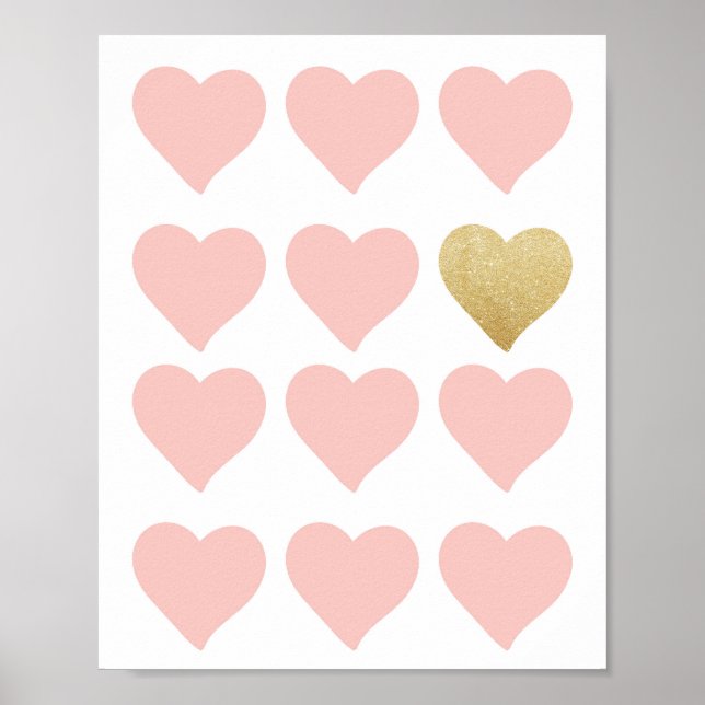 Póster Corazones Oro Rosa Purpurina Bebé Nursery Wall Art (Frente)