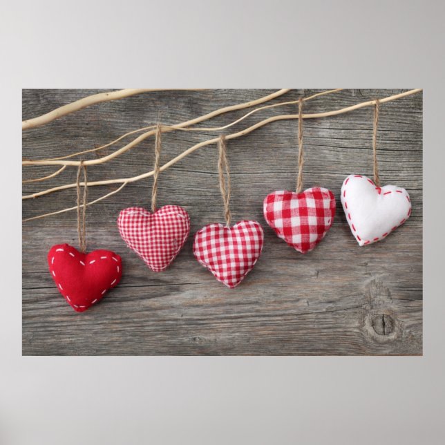 Póster Corazones rojos en mesa de madera (Frente)