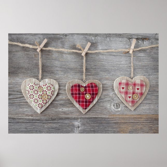 Póster Corazones sobre una mesa de madera (Frente)