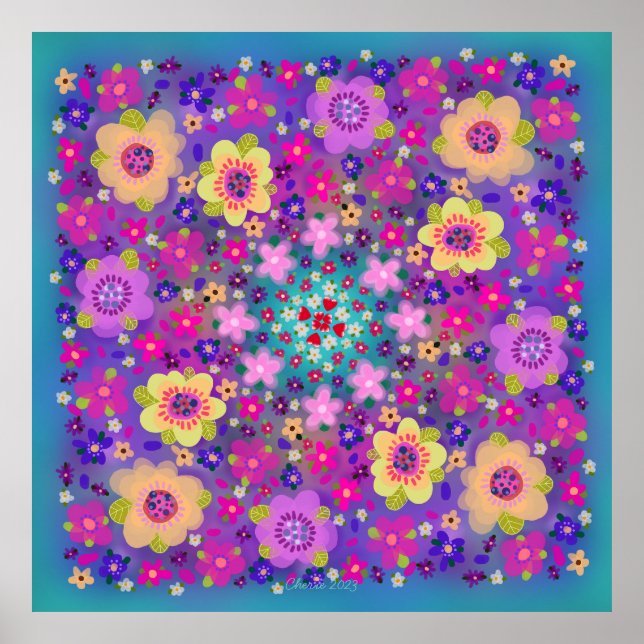 Póster Corazones y flores hermosas (Frente)