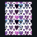Póster Corazones y flores resumen pop color moderno<br><div class="desc">Dé esta bella escena de arte pop de colores modernos a los corazones y flores abstractos a la que amas. Presenta audaces estampados de corazones y flores en negro,  rosa,  azul,  púrpura y blanco con atrevidos resúmenes negros. Dibujo moderno,  audaz y colorido de corazones y flores con motivos abstractos.</div>