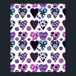 Póster Corazones y flores resumen pop color moderno<br><div class="desc">Dé esta bella escena de arte pop de colores modernos a los corazones y flores abstractos a la que amas. Presenta audaces estampados de corazones y flores en negro,  rosa,  azul,  púrpura y blanco con atrevidos resúmenes negros. Dibujo moderno,  audaz y colorido de corazones y flores con motivos abstractos.</div>