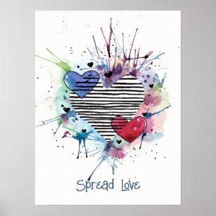 Póster Corazones Y Lavabos Cubiertos En Poster De Acuarel