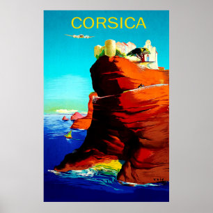 Póster Córcega, fortaleza medieval en el acantilado, vint