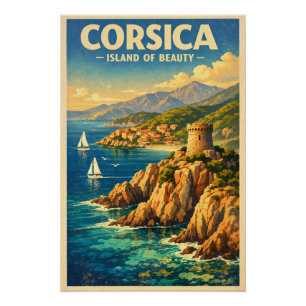 Póster Córcega, Francia, en un clásico viaje retro