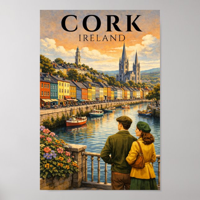 Póster Corcho Irlanda Viaje Antiguo Puerto Barcos (Frente)