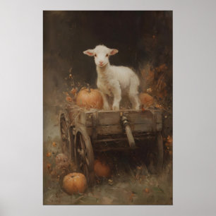 Póster Cordero Blanco En Carro De Madera Con Calabazas, G