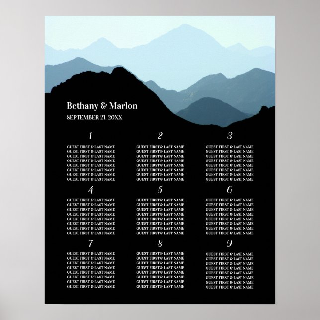 Póster Cordillera Azul, Rústica Tabla de Asientos Boda (Frente)