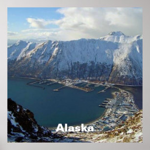 Póster Cordillera de Alaskan y ciudad por debajo