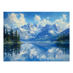 Póster Cordillera nevada con lago alpino de aguas cristal
