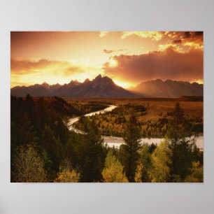 Póster Cordillera Teton al atardecer, desde el río Snake