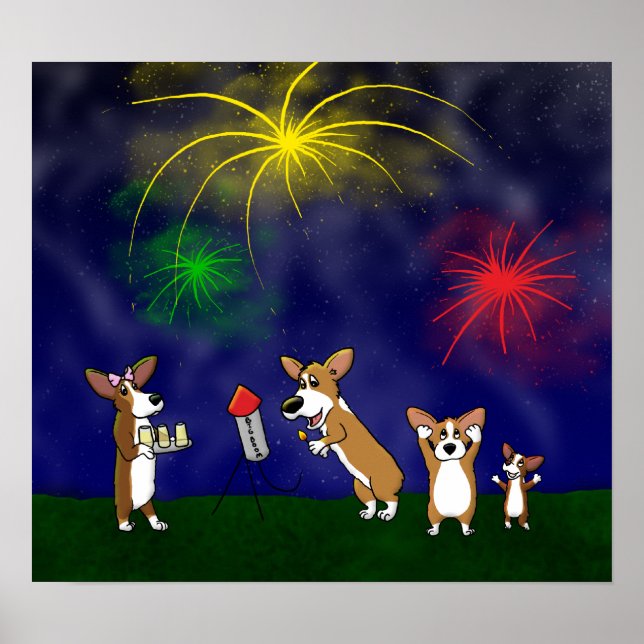 Póster Corgi 4 de julio Poster de fuegos artificiales (Frente)