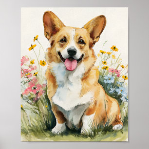 Póster Corgi acuarela en Poster de flores silvestres - Fl