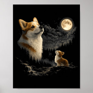 Póster Corgi aullando a la luna divertido perro vintage a