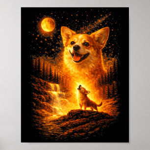 Póster Corgi aullando a la luna vintage 90s perro diverti