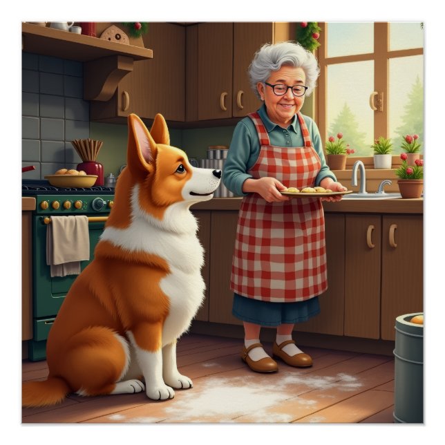 Póster Corgi Baking with Grandma Christmas Painting (Anverso)