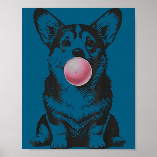 Póster Corgi Blowing Bubble Gum Funny Dog Cartoon Meme  (Frente)
