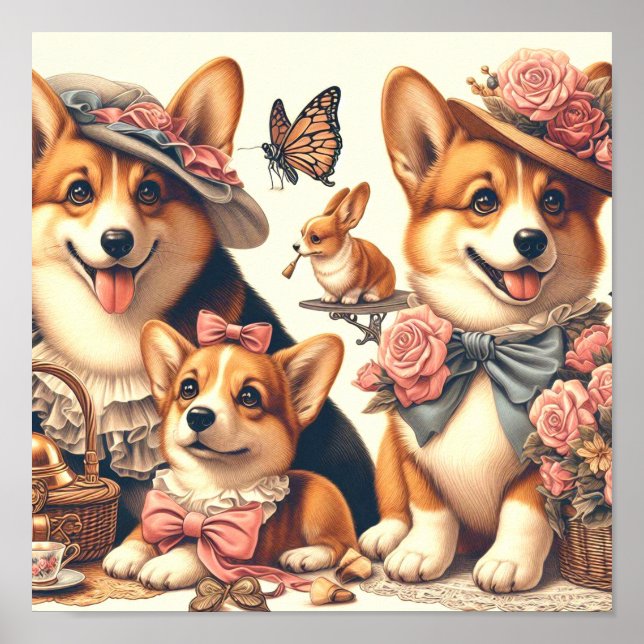Póster Corgi Cardigan galés de época (Frente)