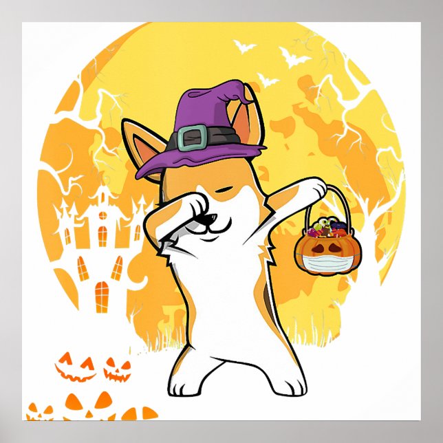 Póster Corgi Dabbing Witch Pumpkin Funny Dog Halloween (Frente)