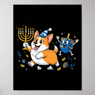 Póster Corgi Divertido Dreidel Menorá Hanukkah Niños Muje