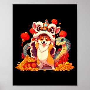 Póster Corgi Divertido Serpiente Año Nuevo Chino 2025 Muj