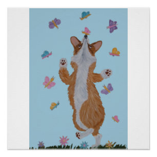 Póster Corgi galés bailando con mariposas