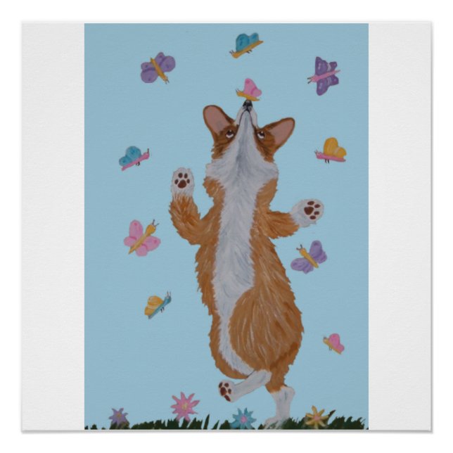 Póster Corgi galés bailando con mariposas (Anverso)